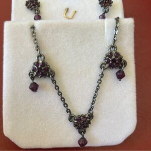 Vintage Choker/Collar Necklace & Earrings Pewter Tone Chain Deep Purple …